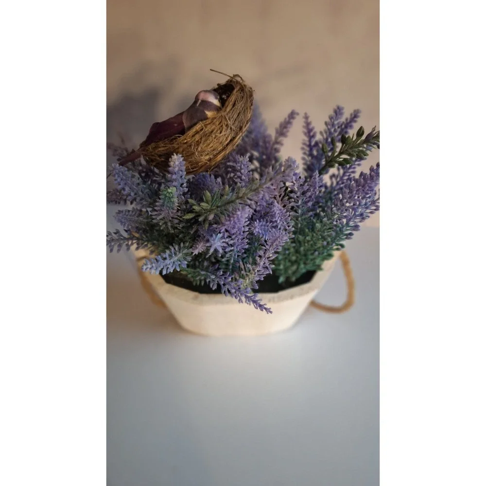 LAVENDER FLORAL ARRANGEMENT FAUX FLOWERS BIRD NEST CERAMIC PLANTER DECOR